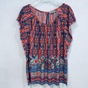 Carol Rose Boho Stretch Top MultiColor Keyhole Back Crochet Lace Trim Womens XL